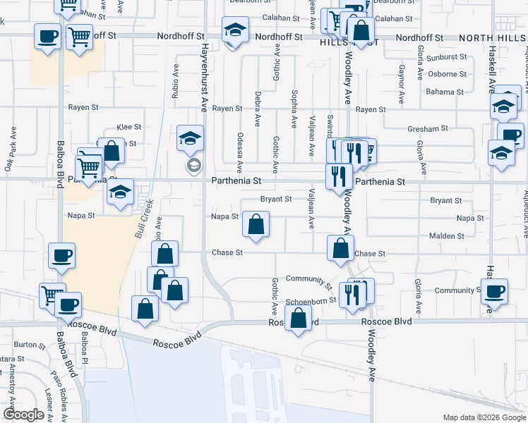 map of restaurants, bars, coffee shops, grocery stores, and more near 16425 Napa Street in Los Angeles