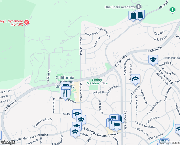 map of restaurants, bars, coffee shops, grocery stores, and more near 61 McAfee Court in Thousand Oaks