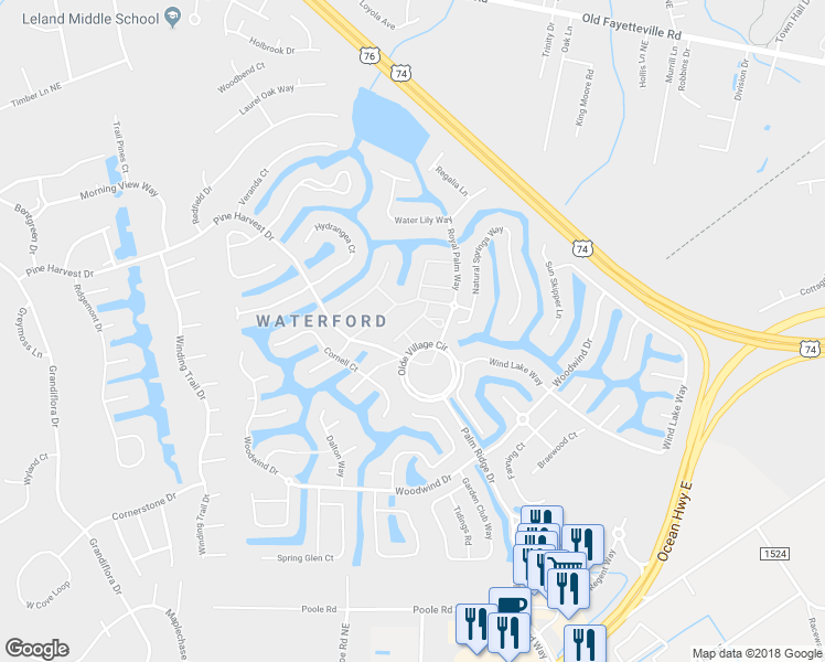 map of restaurants, bars, coffee shops, grocery stores, and more near 1003 East Shearwater Lane in Leland