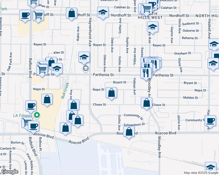 map of restaurants, bars, coffee shops, grocery stores, and more near 16447 Napa St in Los Angeles