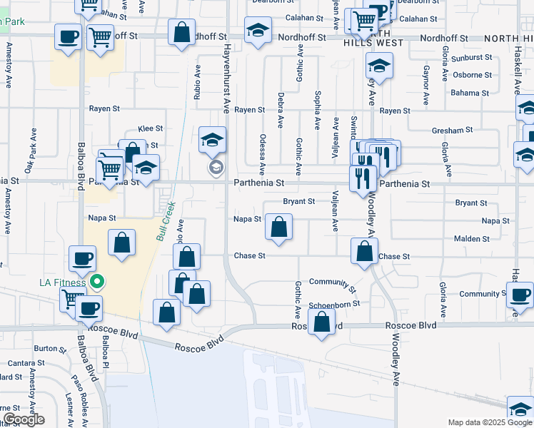 map of restaurants, bars, coffee shops, grocery stores, and more near 16447 Napa Street in Los Angeles