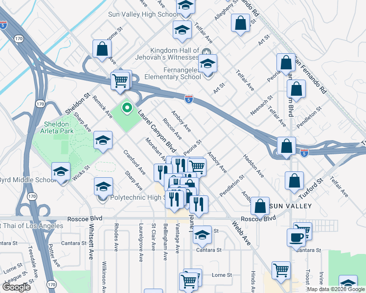 map of restaurants, bars, coffee shops, grocery stores, and more near 8655 Rincon Avenue in Los Angeles