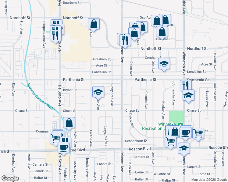 map of restaurants, bars, coffee shops, grocery stores, and more near 20527 Michale Street in Los Angeles