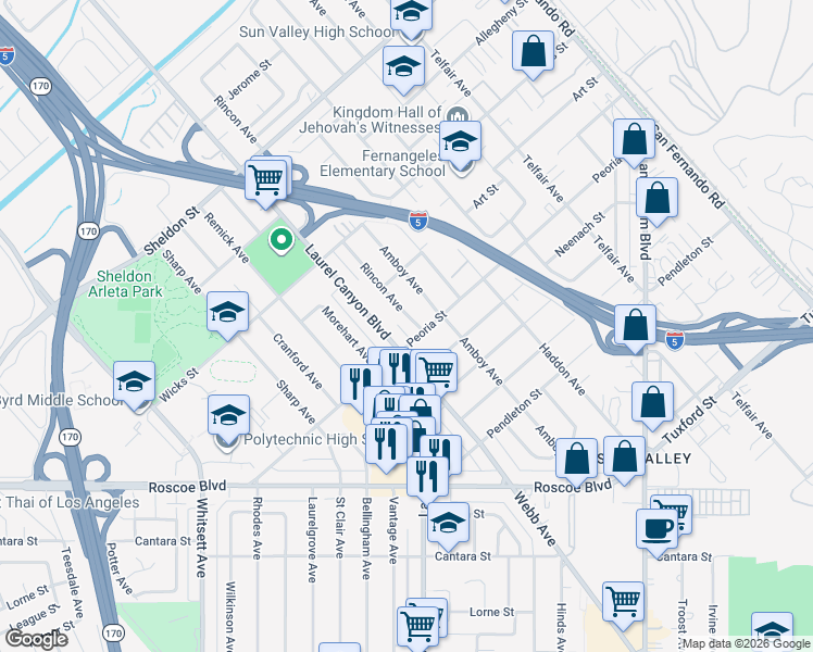 map of restaurants, bars, coffee shops, grocery stores, and more near 8655 Rincon Avenue in Los Angeles