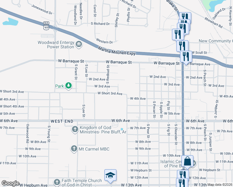 map of restaurants, bars, coffee shops, grocery stores, and more near 4613 W Short 3rd Ave in Pine Bluff