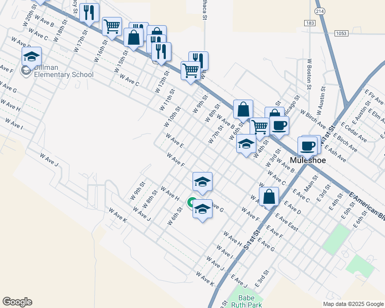 map of restaurants, bars, coffee shops, grocery stores, and more near 716 W Ave East in Muleshoe