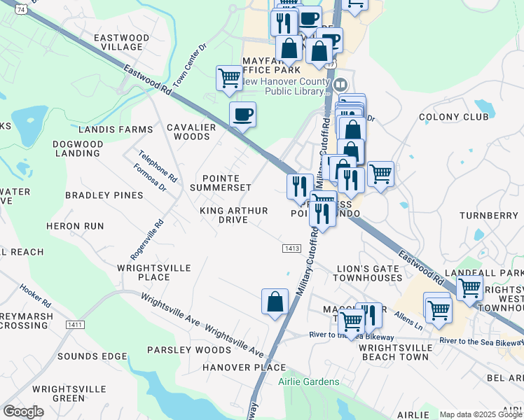 map of restaurants, bars, coffee shops, grocery stores, and more near 1600 Sturdivant Drive in Wilmington