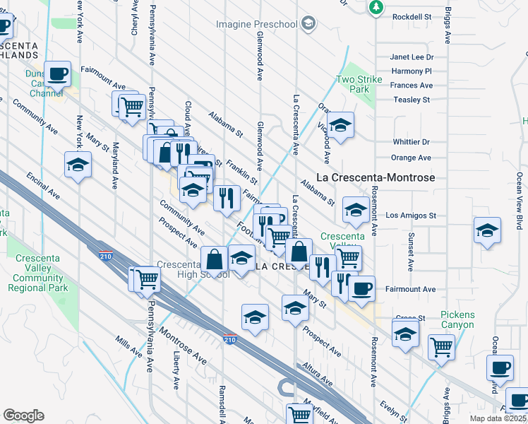 map of restaurants, bars, coffee shops, grocery stores, and more near 2854 Fairmount Avenue in La Crescenta-Montrose