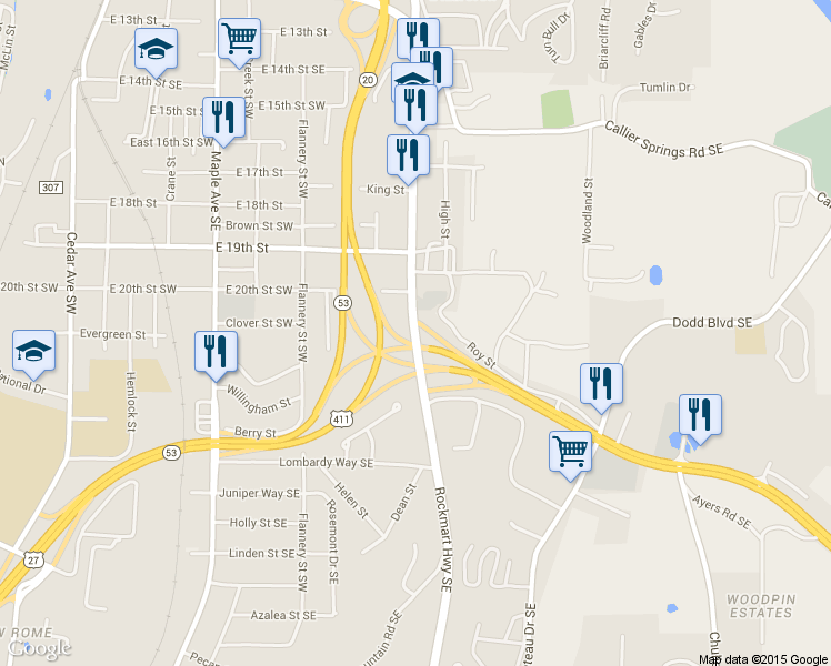 map of restaurants, bars, coffee shops, grocery stores, and more near 2403 Rockmart Road Southeast in Rome