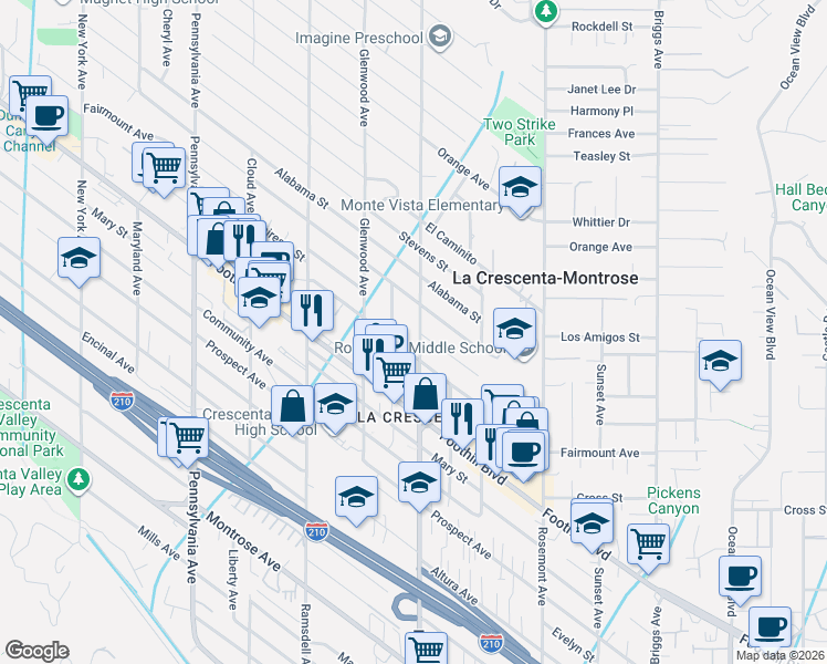 map of restaurants, bars, coffee shops, grocery stores, and more near 4627 La Crescenta Avenue in La Crescenta-Montrose