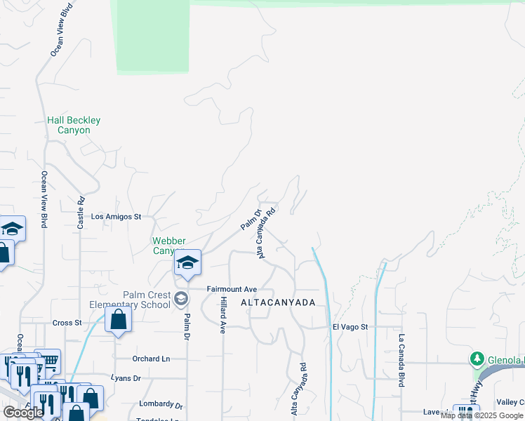 map of restaurants, bars, coffee shops, grocery stores, and more near 5414 Palm Drive in La Cañada Flintridge