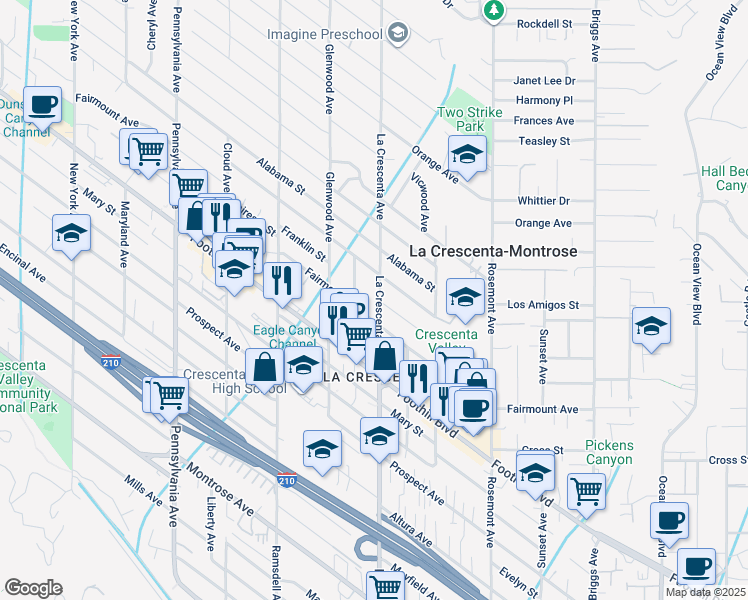 map of restaurants, bars, coffee shops, grocery stores, and more near 4608 Dyer Street in La Crescenta-Montrose