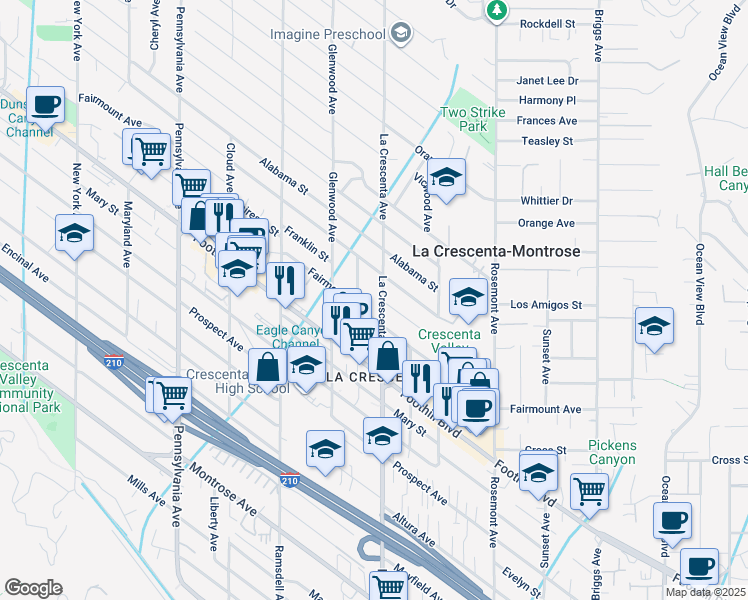 map of restaurants, bars, coffee shops, grocery stores, and more near 4608 Dyer Street in La Crescenta-Montrose