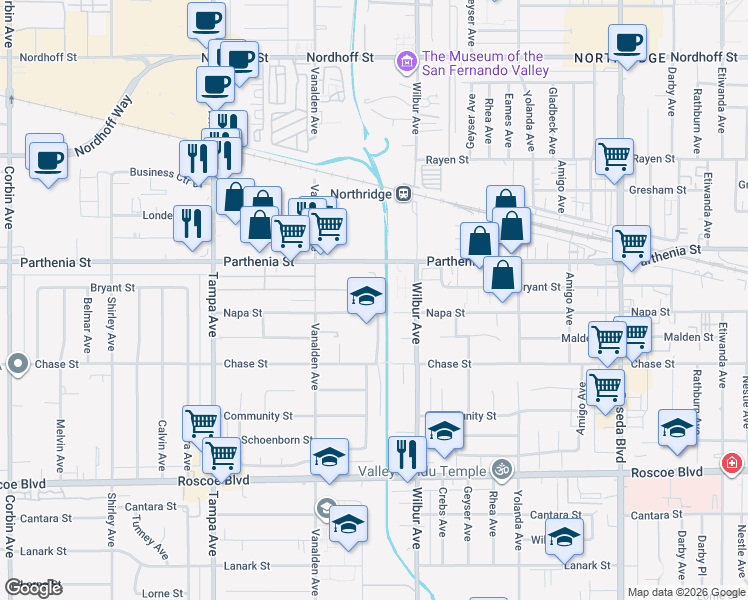map of restaurants, bars, coffee shops, grocery stores, and more near 8622 Wystone Avenue in Los Angeles