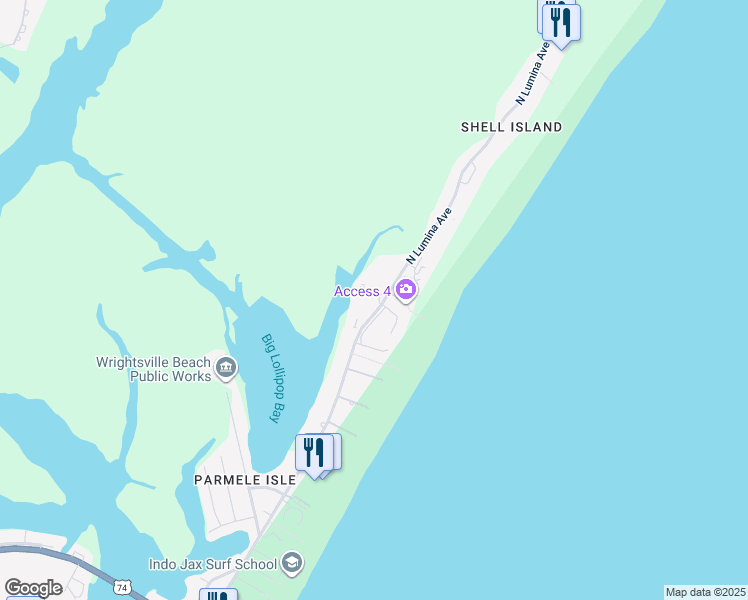 map of restaurants, bars, coffee shops, grocery stores, and more near 2301 N Lumina Ave in Wrightsville Beach