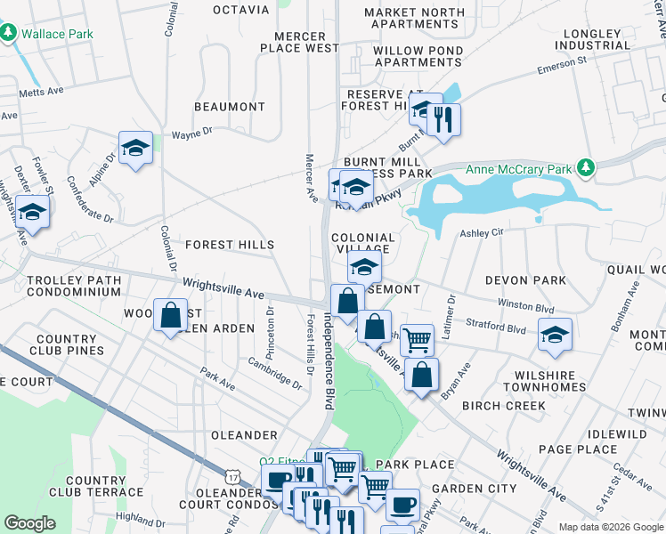 map of restaurants, bars, coffee shops, grocery stores, and more near 3123 Camden Circle in Wilmington