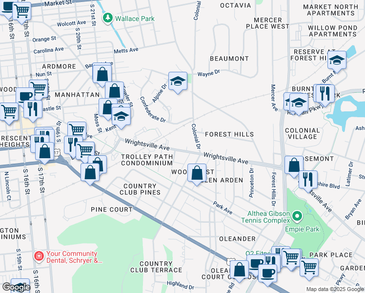 map of restaurants, bars, coffee shops, grocery stores, and more near 2521 Wrightsville Avenue in Wilmington