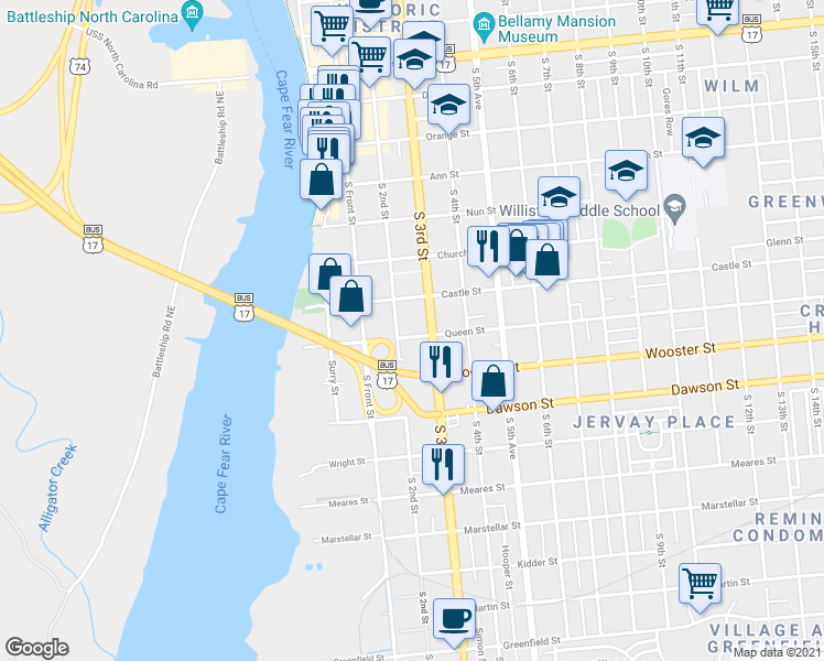 map of restaurants, bars, coffee shops, grocery stores, and more near 617 South 2nd Street in Wilmington