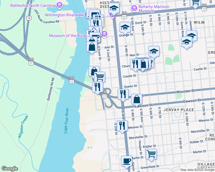 map of restaurants, bars, coffee shops, grocery stores, and more near 615 South Front Street in Wilmington