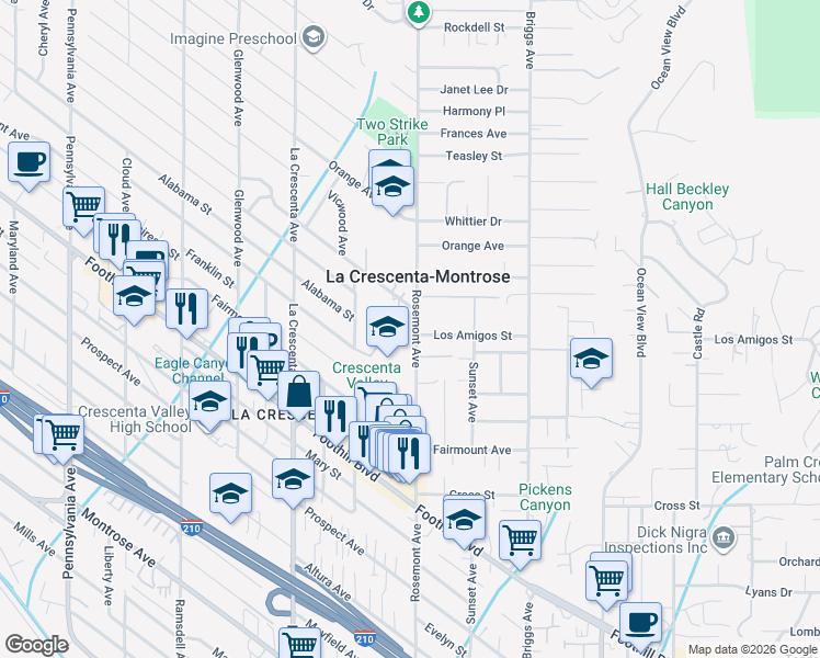 map of restaurants, bars, coffee shops, grocery stores, and more near 4807 Rosemont Avenue in La Crescenta-Montrose