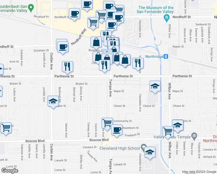 map of restaurants, bars, coffee shops, grocery stores, and more near 8615 Tampa Avenue in Los Angeles