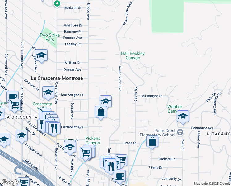 map of restaurants, bars, coffee shops, grocery stores, and more near 2263 Los Amigos Street in La Cañada Flintridge
