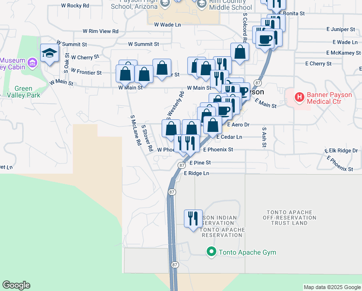 map of restaurants, bars, coffee shops, grocery stores, and more near 110 West Phoenix Street in Payson