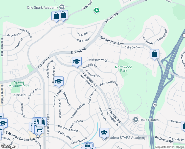 map of restaurants, bars, coffee shops, grocery stores, and more near 3472 Birdsong Avenue in Thousand Oaks