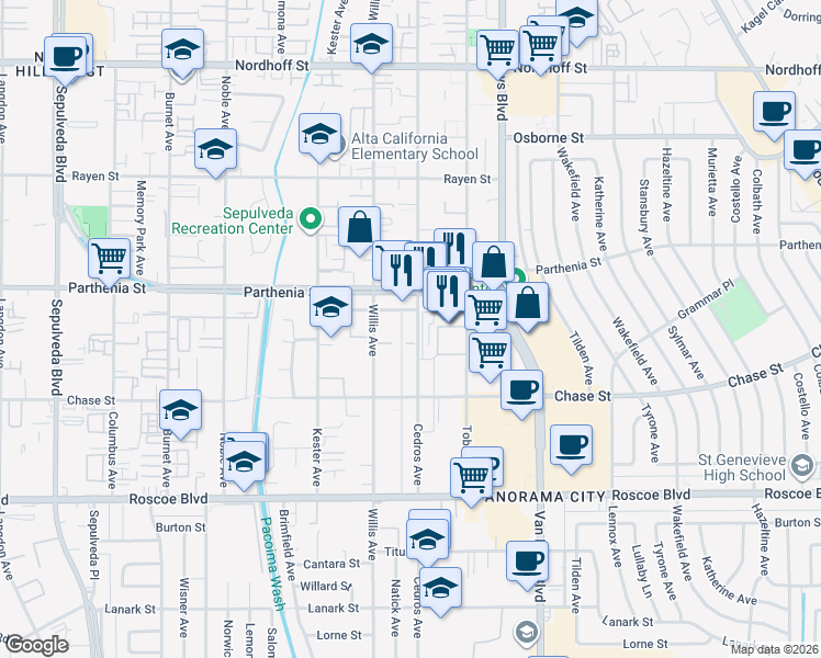 map of restaurants, bars, coffee shops, grocery stores, and more near 8623 Cedros Avenue in Los Angeles