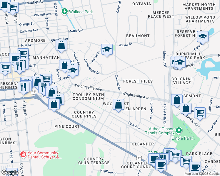 map of restaurants, bars, coffee shops, grocery stores, and more near 2521 Wrightsville Avenue in Wilmington