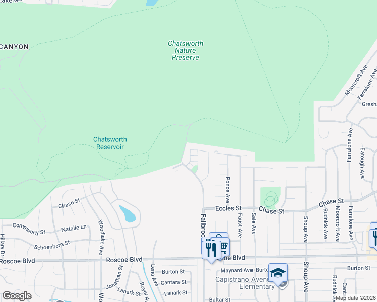 map of restaurants, bars, coffee shops, grocery stores, and more near 8565 North Walnut Way in Los Angeles