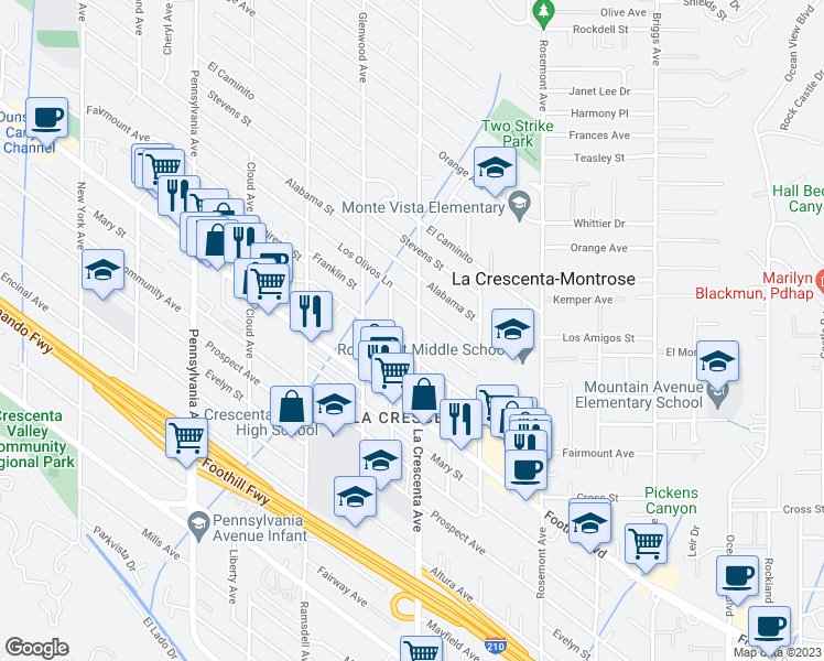 map of restaurants, bars, coffee shops, grocery stores, and more near 4629 La Crescenta Avenue in La Crescenta-Montrose