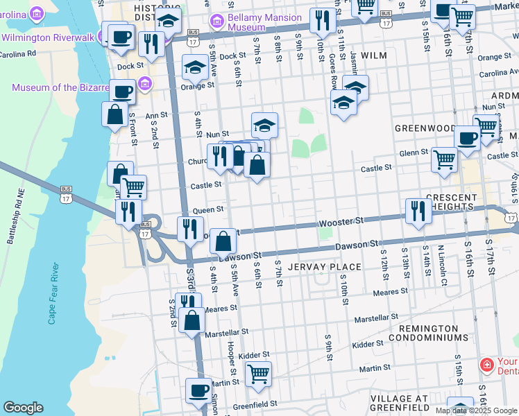 map of restaurants, bars, coffee shops, grocery stores, and more near 606 Queen Street in Wilmington