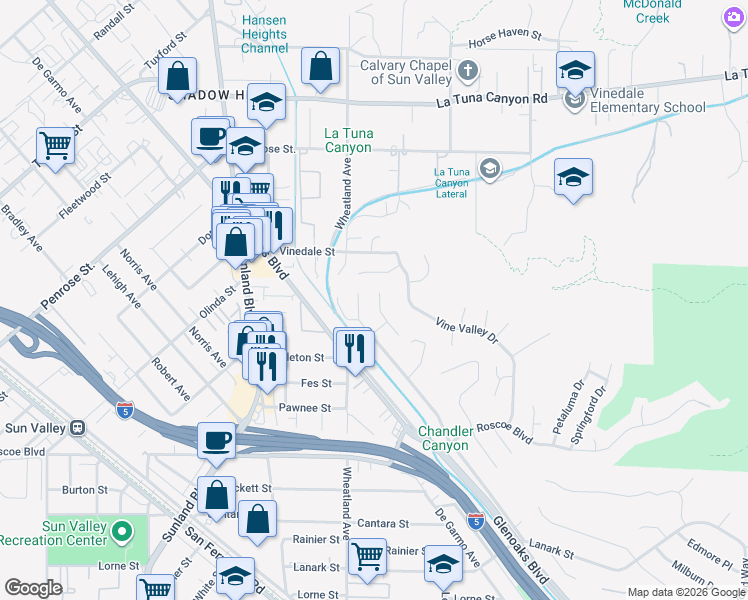 map of restaurants, bars, coffee shops, grocery stores, and more near 8629 Bluffdale Drive in Los Angeles
