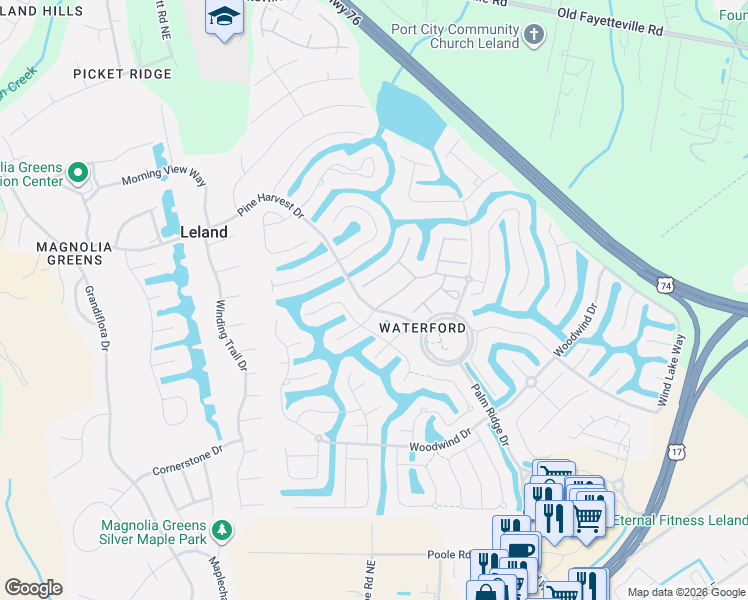 map of restaurants, bars, coffee shops, grocery stores, and more near 1001 Heron Run Drive in Leland