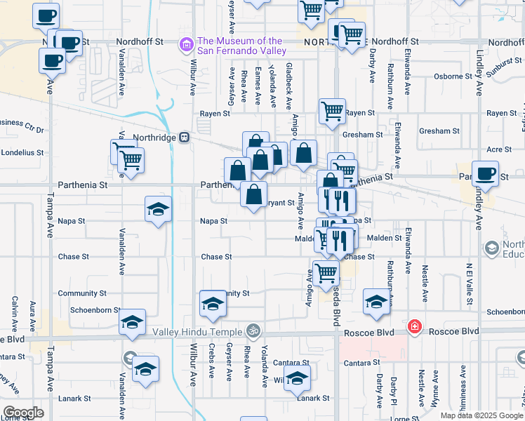 map of restaurants, bars, coffee shops, grocery stores, and more near 8619 Yolanda Avenue in Los Angeles