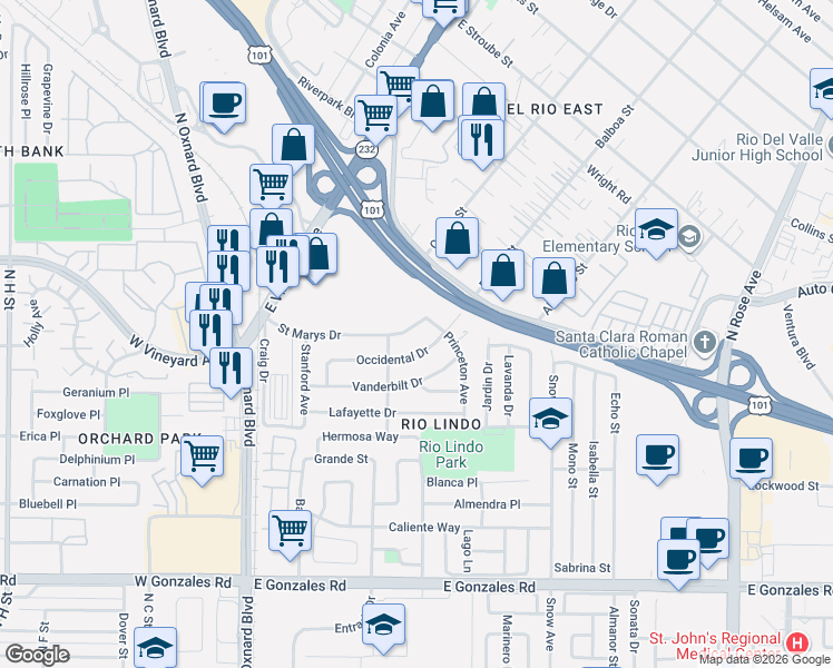 map of restaurants, bars, coffee shops, grocery stores, and more near 360 Saint Marys Drive in Oxnard