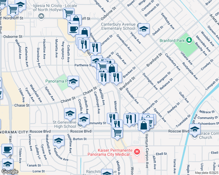map of restaurants, bars, coffee shops, grocery stores, and more near 8625 Woodman Avenue in Los Angeles