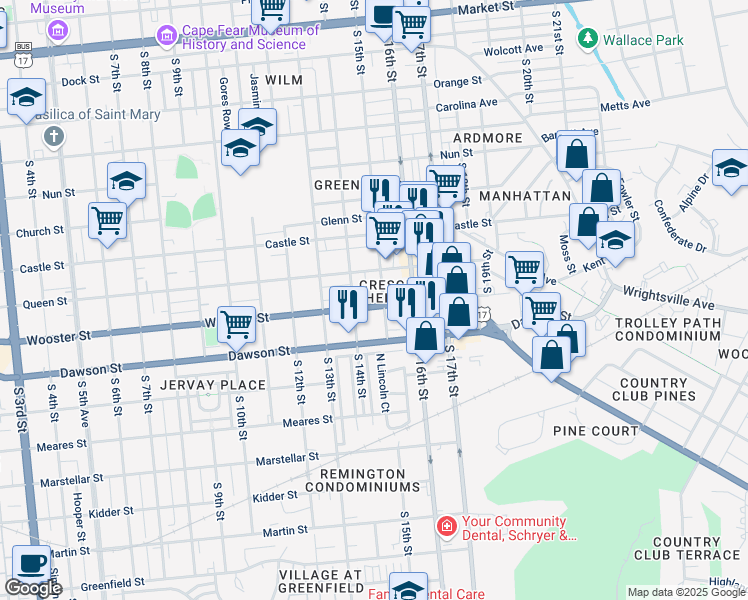map of restaurants, bars, coffee shops, grocery stores, and more near 1411 Wooster Street in Wilmington