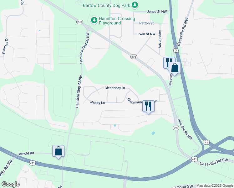 map of restaurants, bars, coffee shops, grocery stores, and more near 14 Turnberry Court in Cartersville