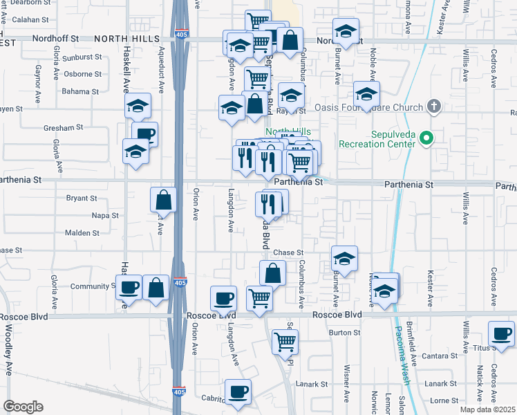 map of restaurants, bars, coffee shops, grocery stores, and more near 8609 Sepulveda Boulevard in Los Angeles