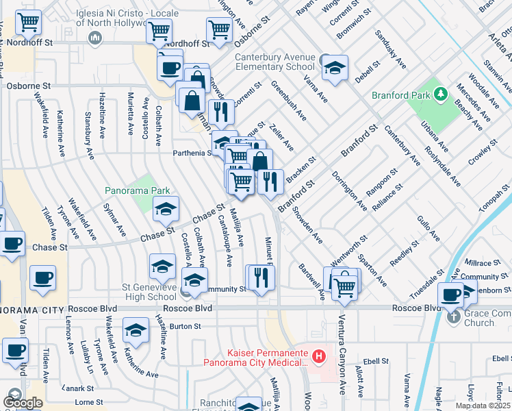 map of restaurants, bars, coffee shops, grocery stores, and more near 8625 Woodman Avenue in Los Angeles
