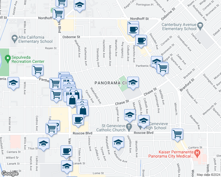 map of restaurants, bars, coffee shops, grocery stores, and more near 8629 Stansbury Avenue in Los Angeles