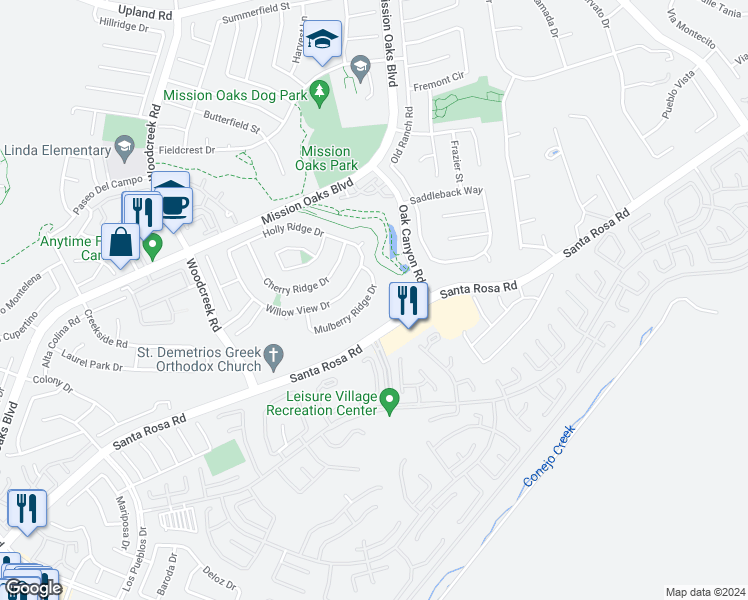map of restaurants, bars, coffee shops, grocery stores, and more near 5790 Mulberry Ridge Drive in Camarillo