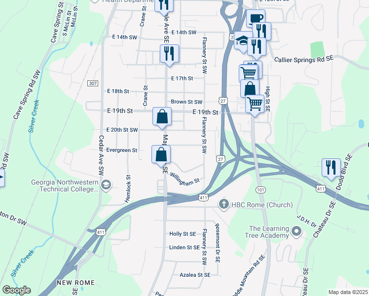 map of restaurants, bars, coffee shops, grocery stores, and more near 14 Clover Street Southwest in Rome
