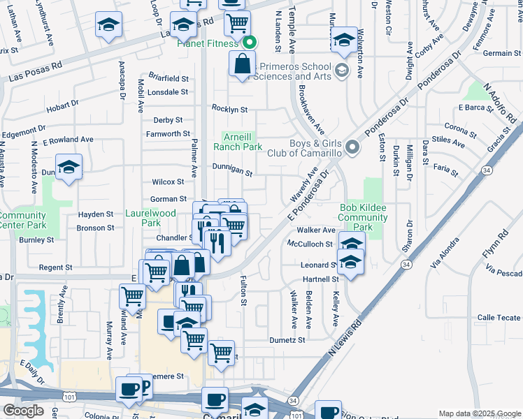 map of restaurants, bars, coffee shops, grocery stores, and more near 1040 Bollin Avenue in Camarillo