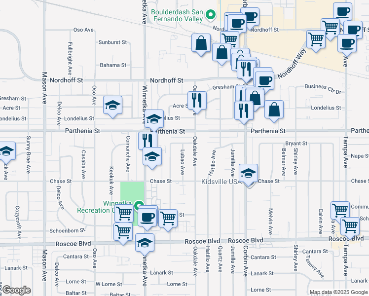 map of restaurants, bars, coffee shops, grocery stores, and more near 8630 Lubao Avenue in Los Angeles