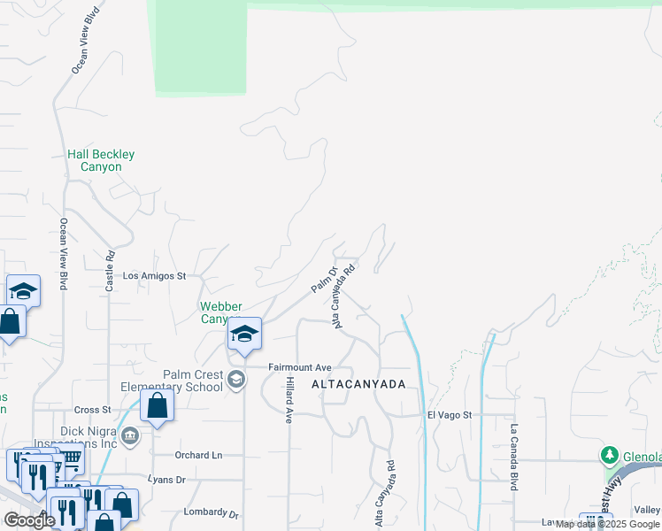 map of restaurants, bars, coffee shops, grocery stores, and more near 5415 Palm Drive in La Cañada Flintridge