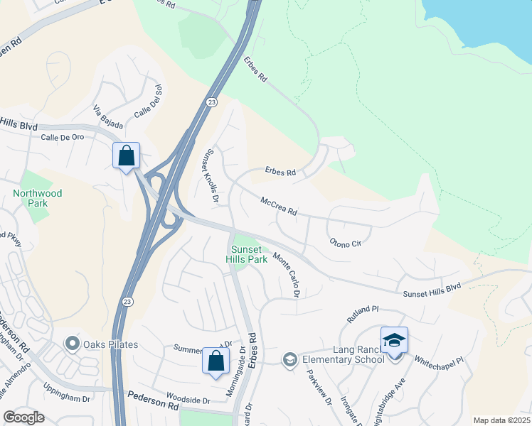 map of restaurants, bars, coffee shops, grocery stores, and more near 2096 McCrea Road in Thousand Oaks