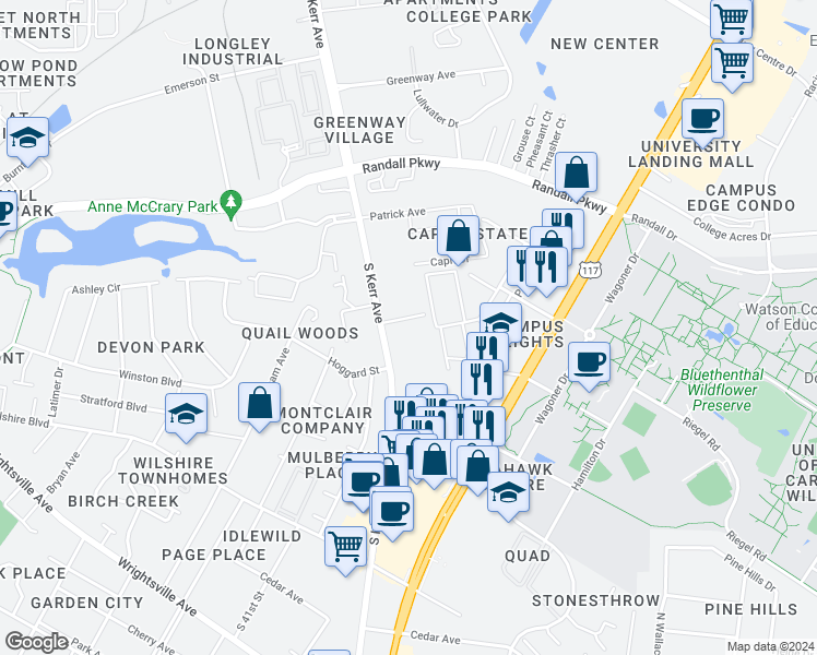 map of restaurants, bars, coffee shops, grocery stores, and more near 4522 Kimberly Way in Wilmington